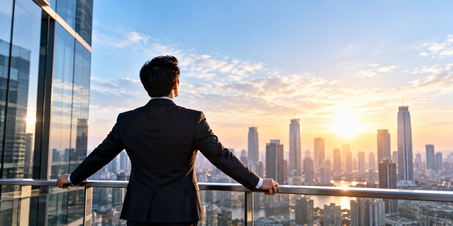 Professional looking confidently toward a city skyline